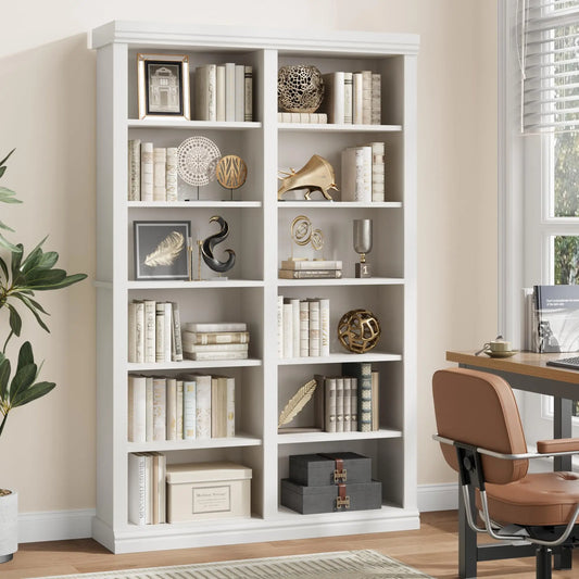 Tall White Open Bookshelf, 6-Tier Double Column Bookcase, Large Freestanding Display Storage Shelving Unit, Decorative Book Shelf for Living Room Home Office