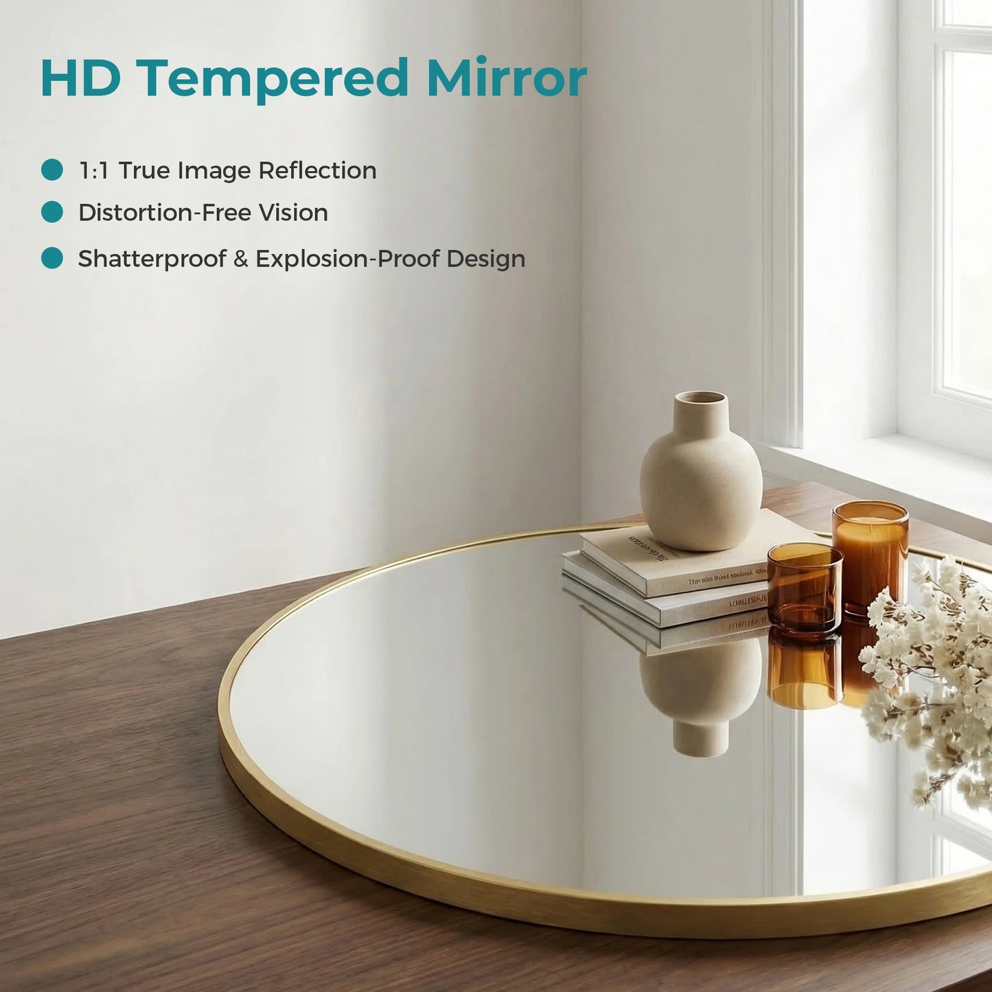 JHK Round Wall Mirror Tempered Glass Waterproof Decorative Room Accent