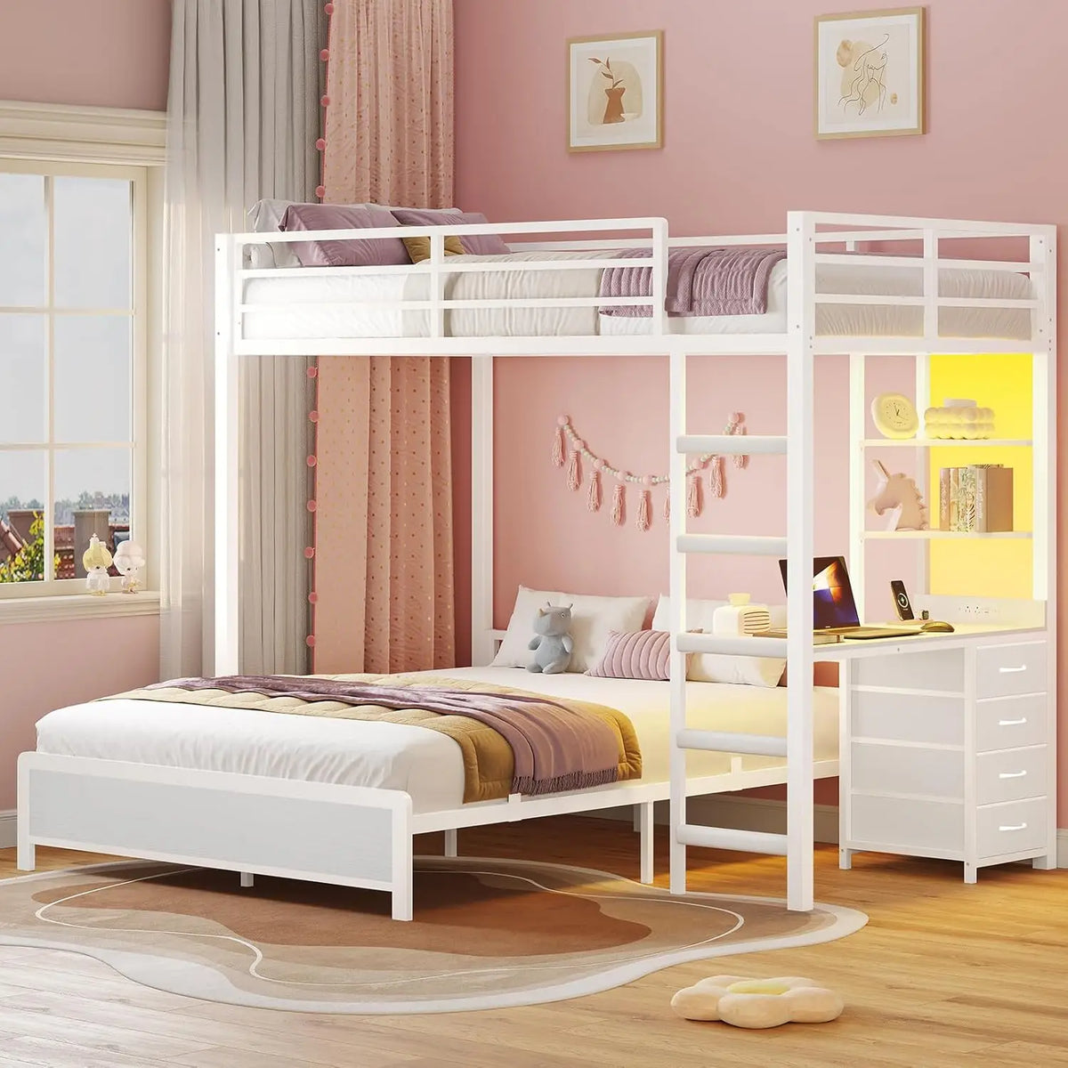 Twin Over Full Bunk Bed with Desk, Bunk Beds Twin Over Full Size with Charging Station & Led Lights, Storage, Customized