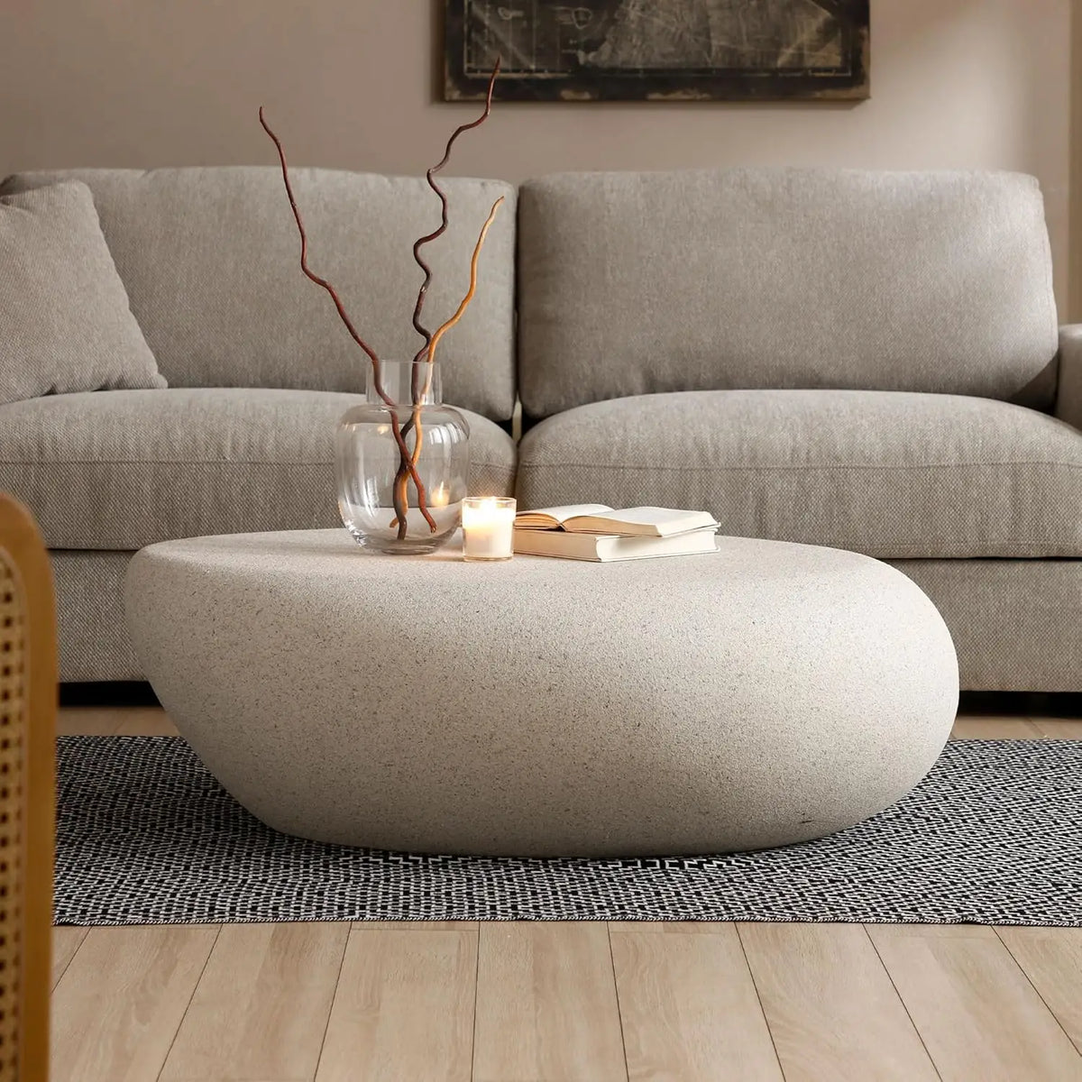Minimalist Faux Stone Fiberglass Oval Coffee Table for Living Spaces