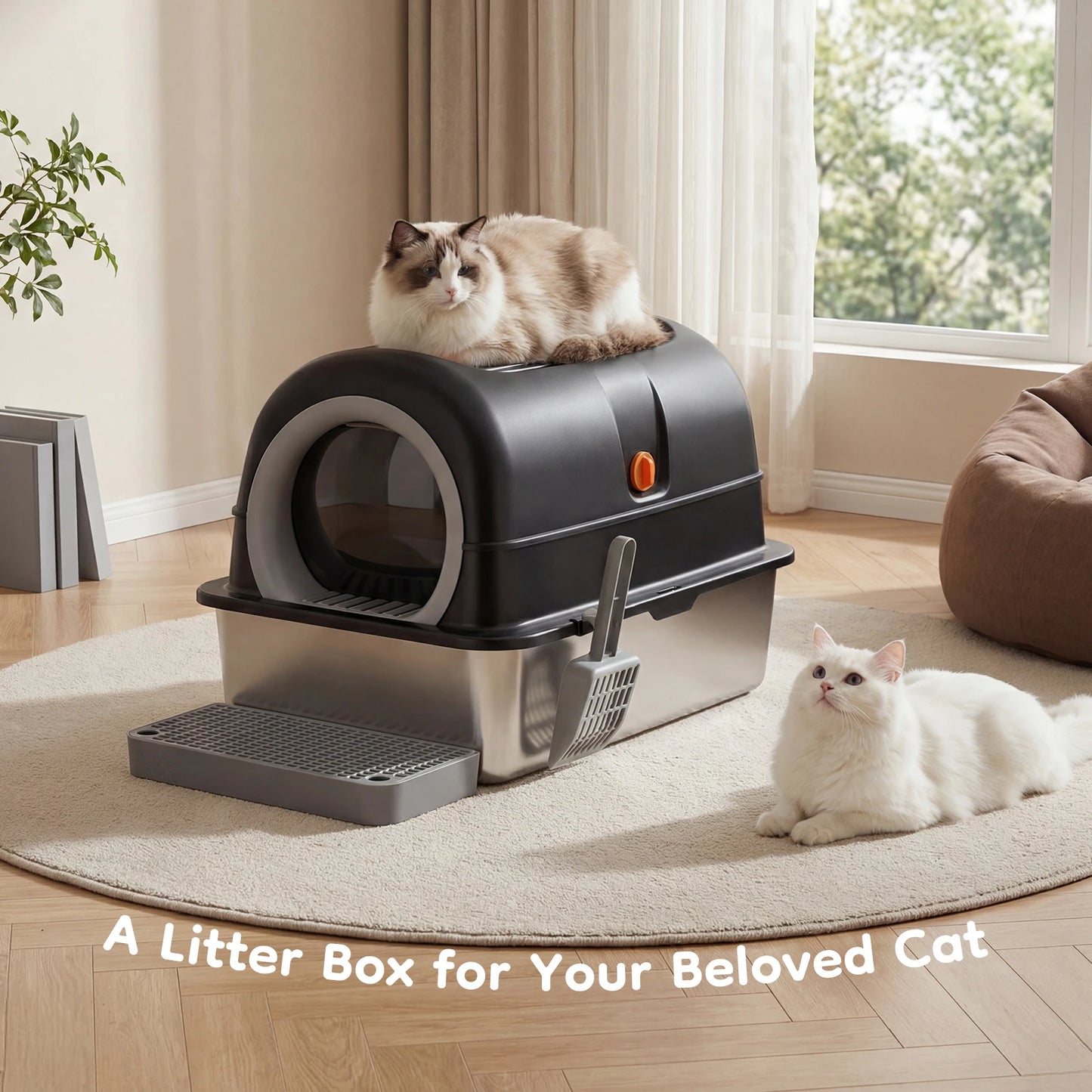 Stainless Steel Fully Enclosed Cat Litter Box With Safe Entry