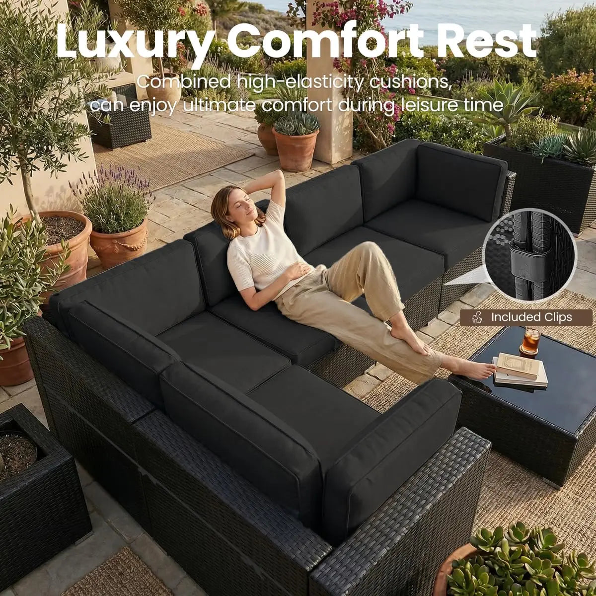 Modern Outdoor Wicker Sectional With Propane Fire Pit Coffee Table