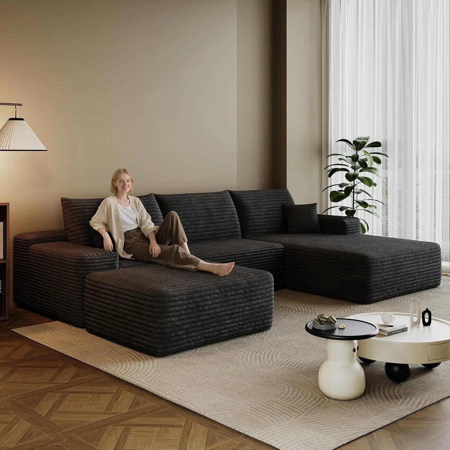 Sectional Sofa Modern Modular U Shape Corduroy Couch Living Room