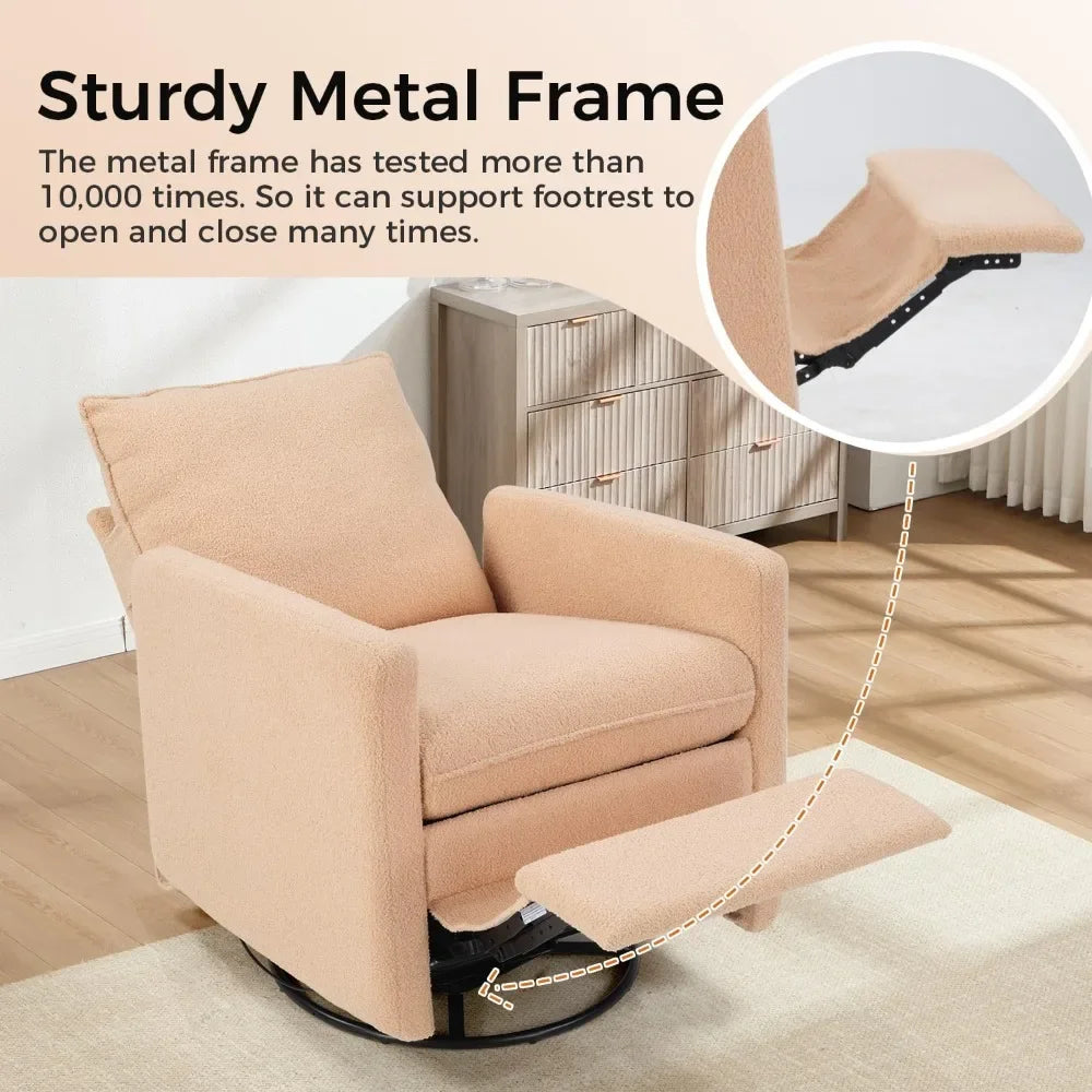 Teddy Swivel Rocker Recliner, Upholstered Nursery Glider with 2 Removable Pillows for Living Room, Custom