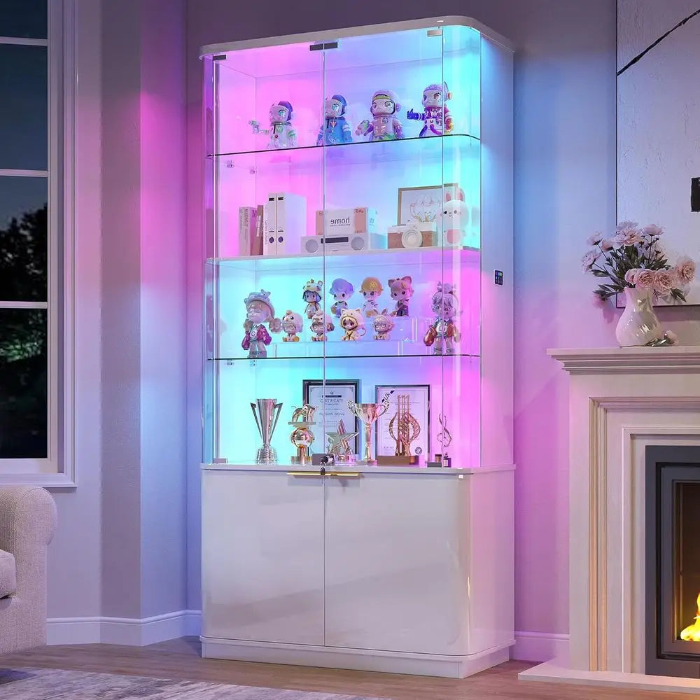 6-Tier Glass Door LED RGB Display Cabinet for Collectibles, 71 Tall, Lockable Curio Showcase in White