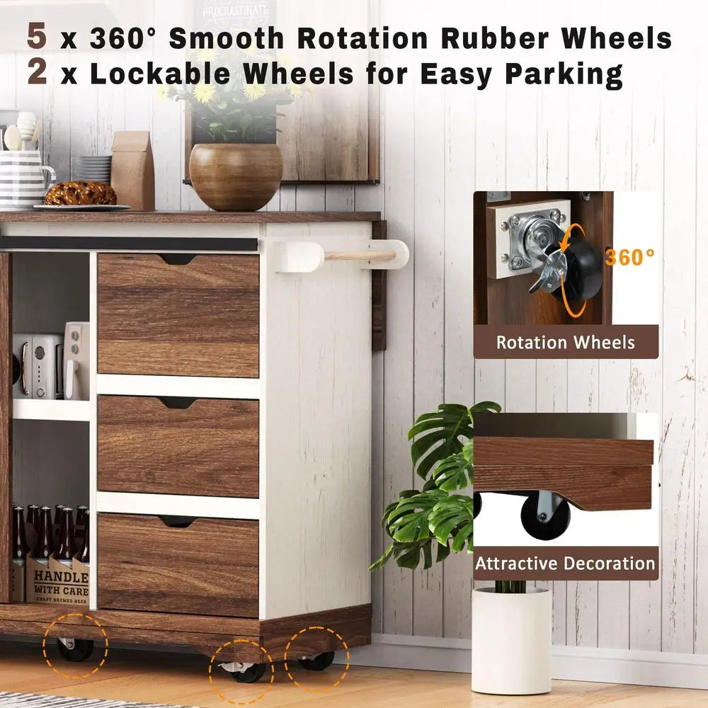 Rolling Kitchen Island with Power Outlet and Drop Leaf, Mobile Kitchen Island Table on Wheels with Barn Door Storage Cabinet, S
