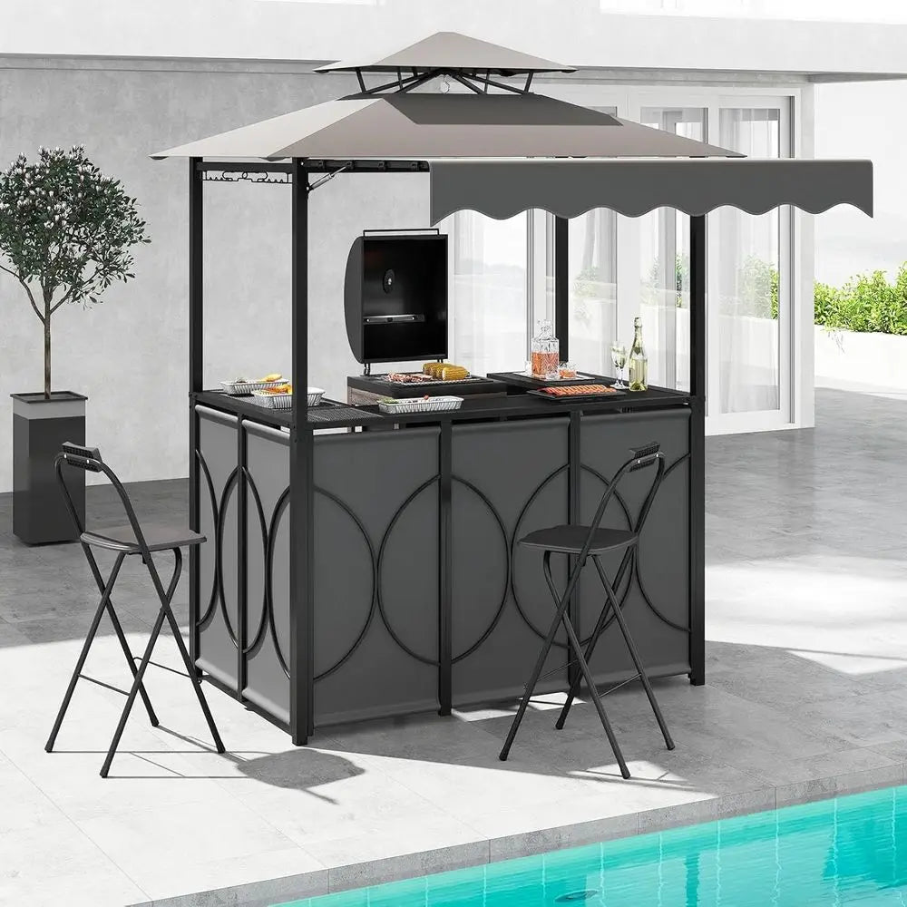 3 Piece Patio Bar Set, Grill Gazebo & 2 oldable Bar Stools with Awning, Metal Storage Shelves, Glass Holders, Double-Tier Outdoo