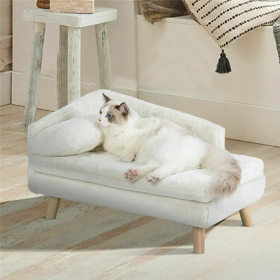 L Shape Plush Pet Bed Sofa Elevated Couch With Solid Wood Legs For Cats And Dogs