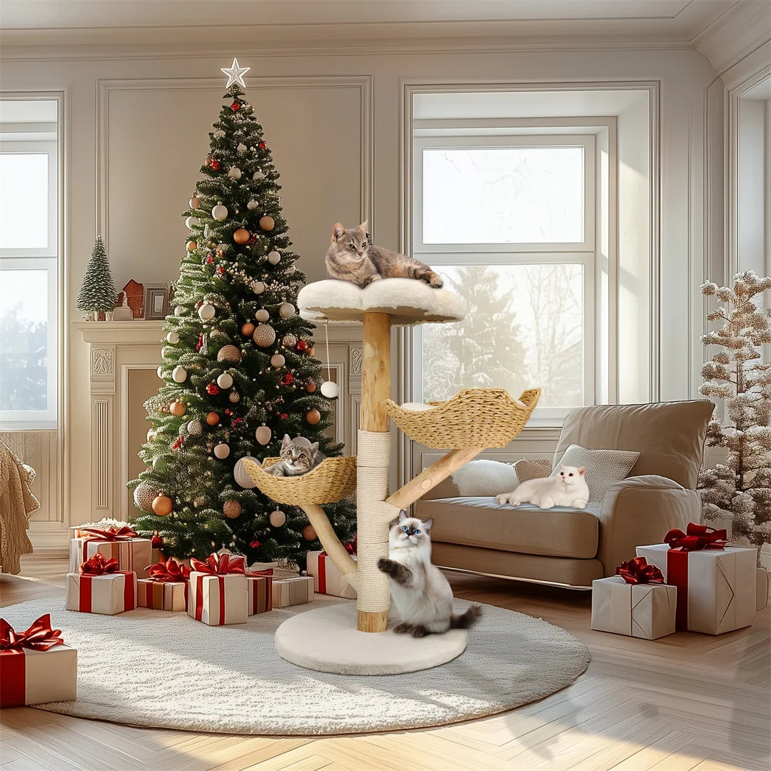 Bingopaw Solid Wood Cat Activity Center Claw Scratching Post Tree