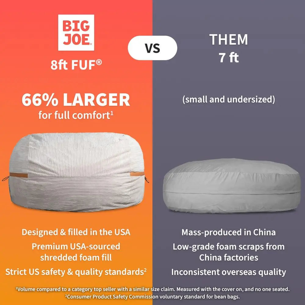Fuf 8Ft Giant Foam Bean Bag Chair, Oversized Couch with Removable Cover for Kids, Teens, Adults, Vanilla Latte Corded Plush, 8