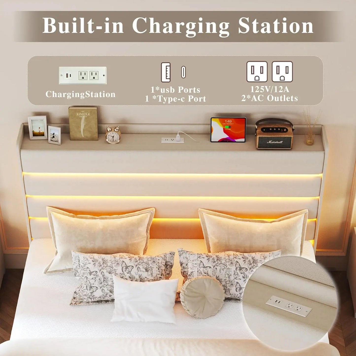 Queen Velvet Upholstered Storage Bed Frame with LED Light, USB Charging Station, Metal Slats Platform, White, Customized