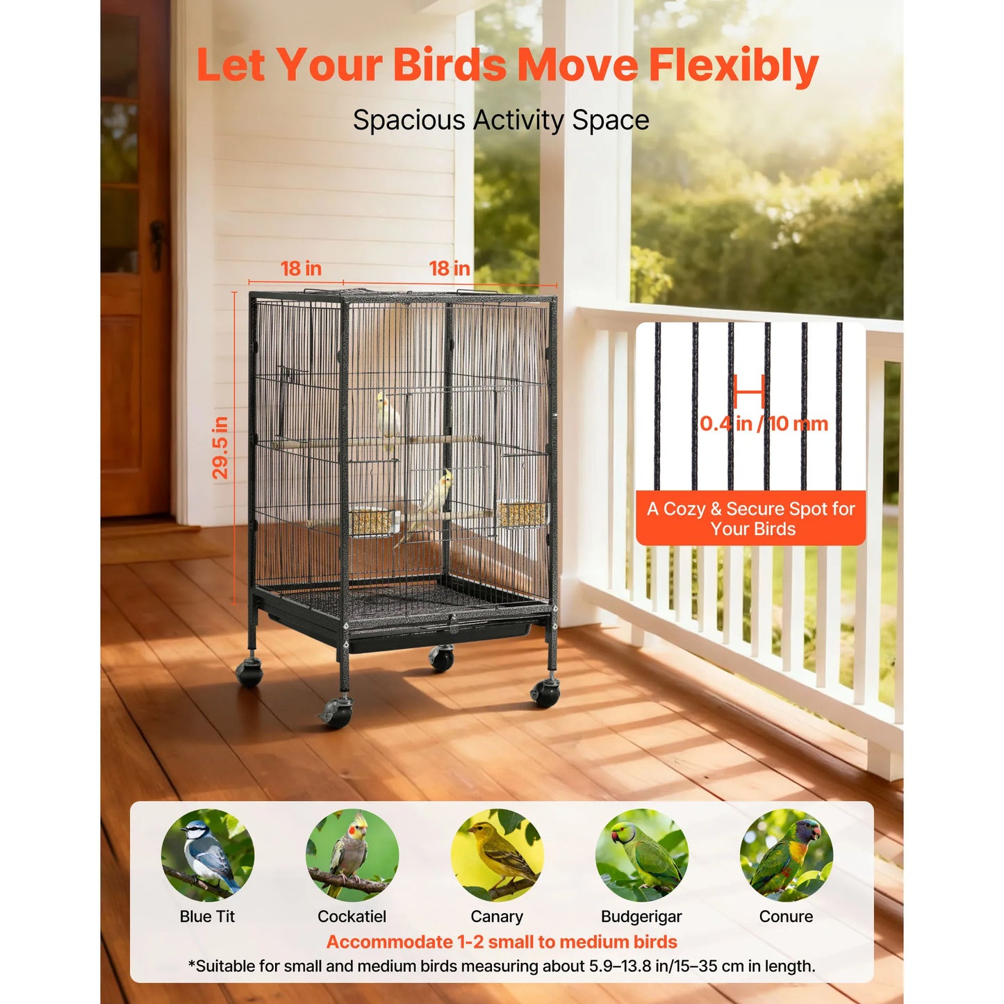 SucceBuy Bird Cage Open Flat Top Wrought Iron with Perches Slide-Out Tray and Plastic Feeders Casters for Diverse Bird Species