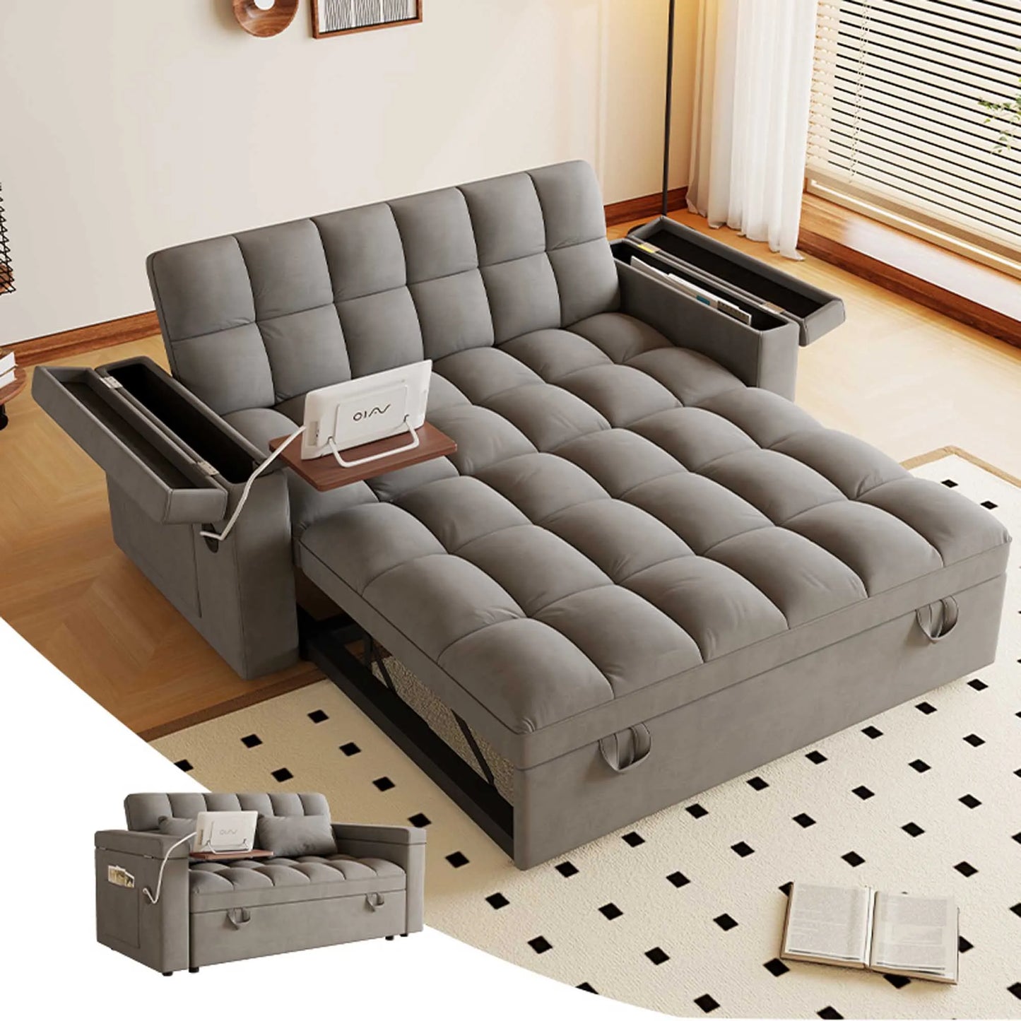 Adjustable Foldable Sofa Bed With USB Port And Storage Armrests