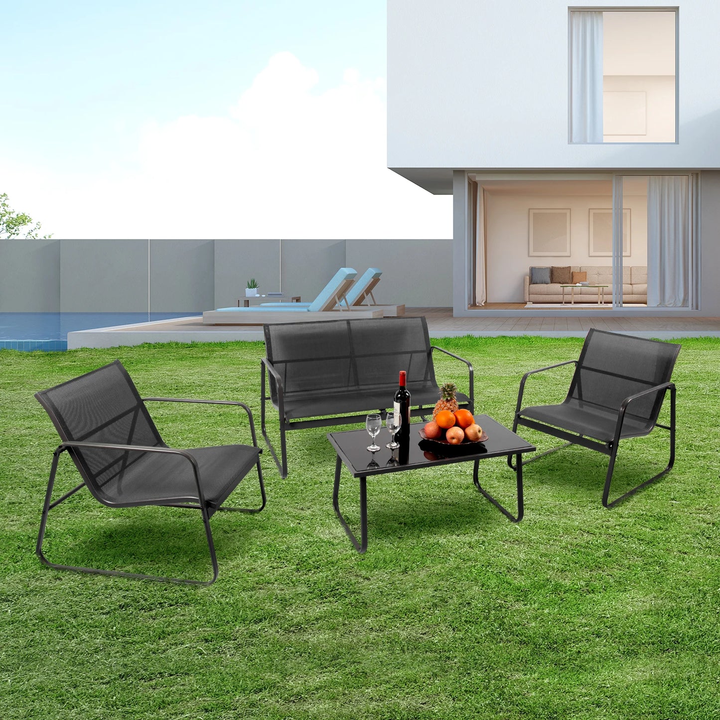 JHK Outdoor 4 Piece Patio Set With Table Metal Frame Lumbar Mesh Backrest