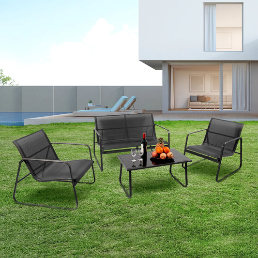 JHK Outdoor 4 Piece Patio Set With Table Metal Frame Lumbar Mesh Backrest