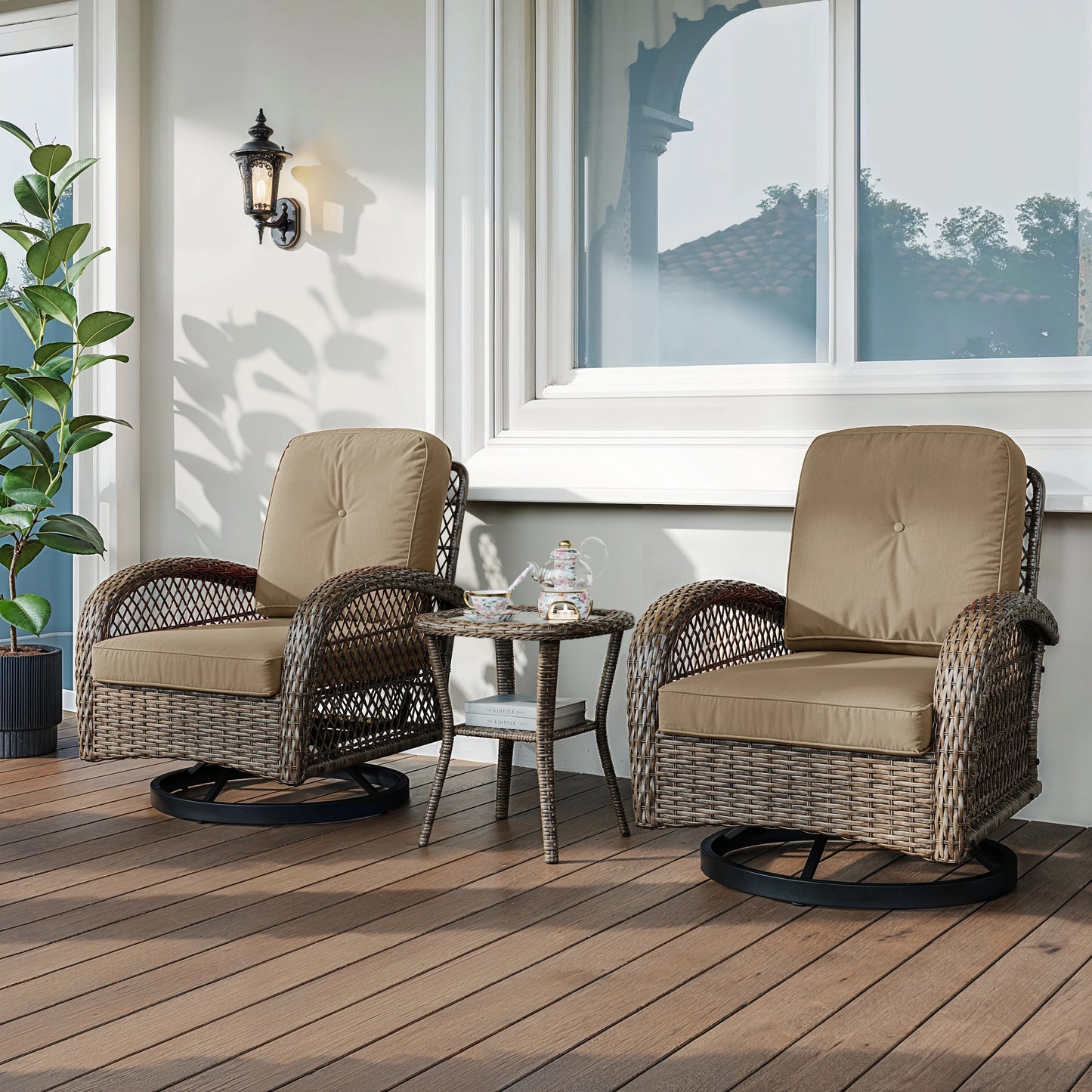 Outdoor Patio Furniture Set With Cushions And Rotating Rocking Chairs