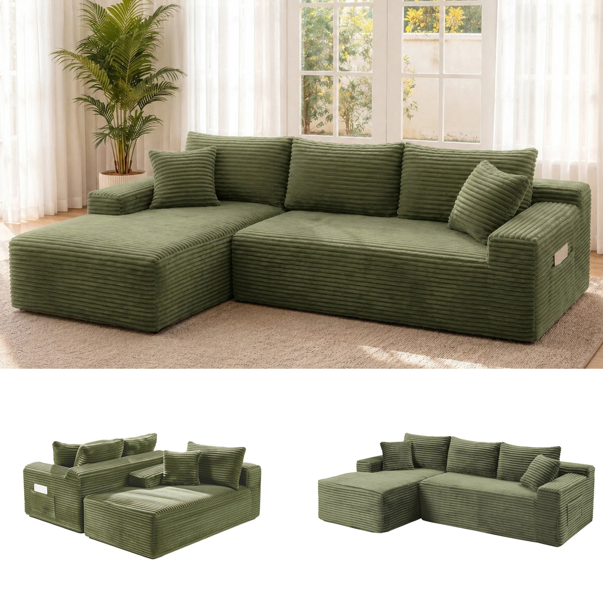 95" Modular Sectional Sofa with Chaise, Deep Seat Corduroy Cloud Couch, No Assembly Modern L Shaped Sofa for Living Room, Oversized Comfortable Lounge Couch Furniture, Space Saving Apartment Sofa, Cozy Home Seating with Remov