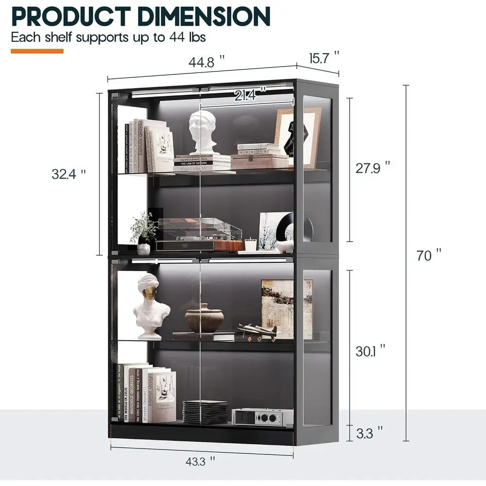 4-Tier LED-Illuminated Glass Display Cabinet with Adjustable Shelves for Collectibles, Black, 70H x 45L x 16D