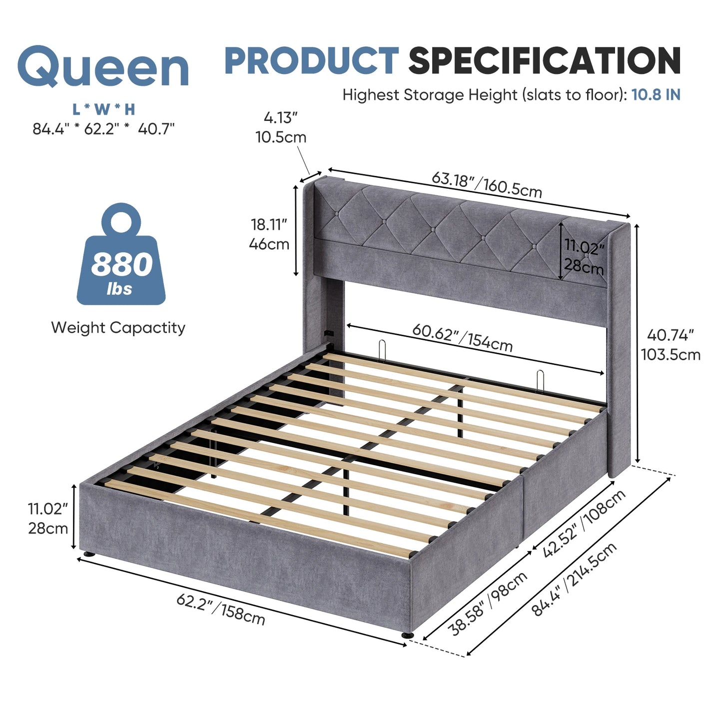 JHK Hydraulic Lift Storage Bed Featuring Wingback Headboard