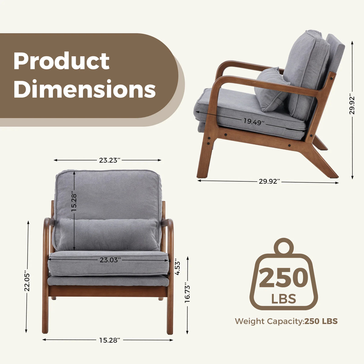 JHK Mid Century Modern Wooden Accent Chair With Lumbar Cushion