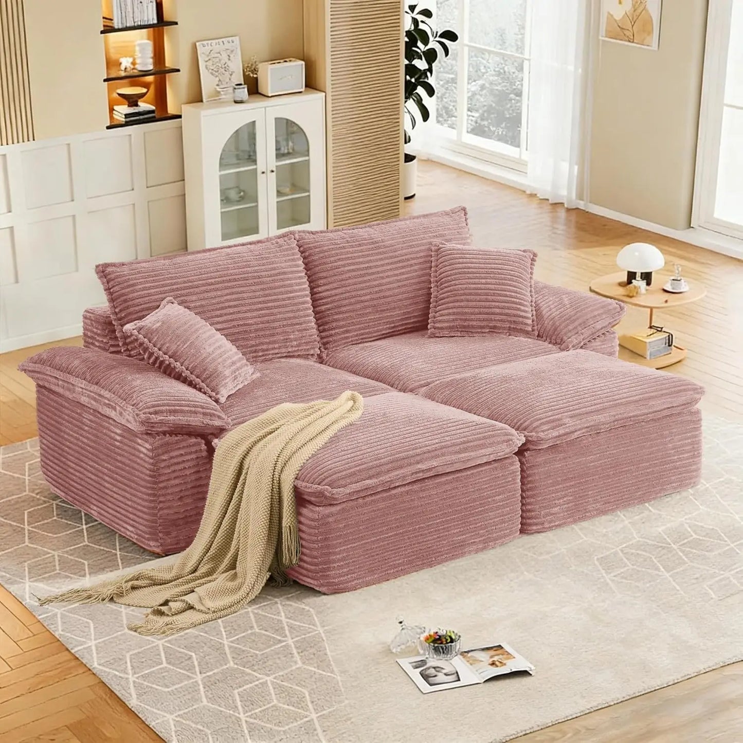 81" Boneless Loveseat with Removable Ottoman,Oversized Upholstered Sofa Bed with Pillows,Plush Faux Fur Lounge, Customized