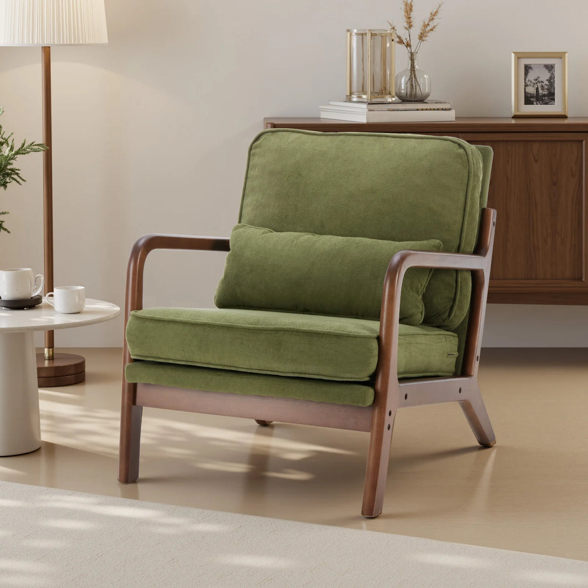 JHK Mid Century Modern Wooden Accent Chair With Lumbar Cushion