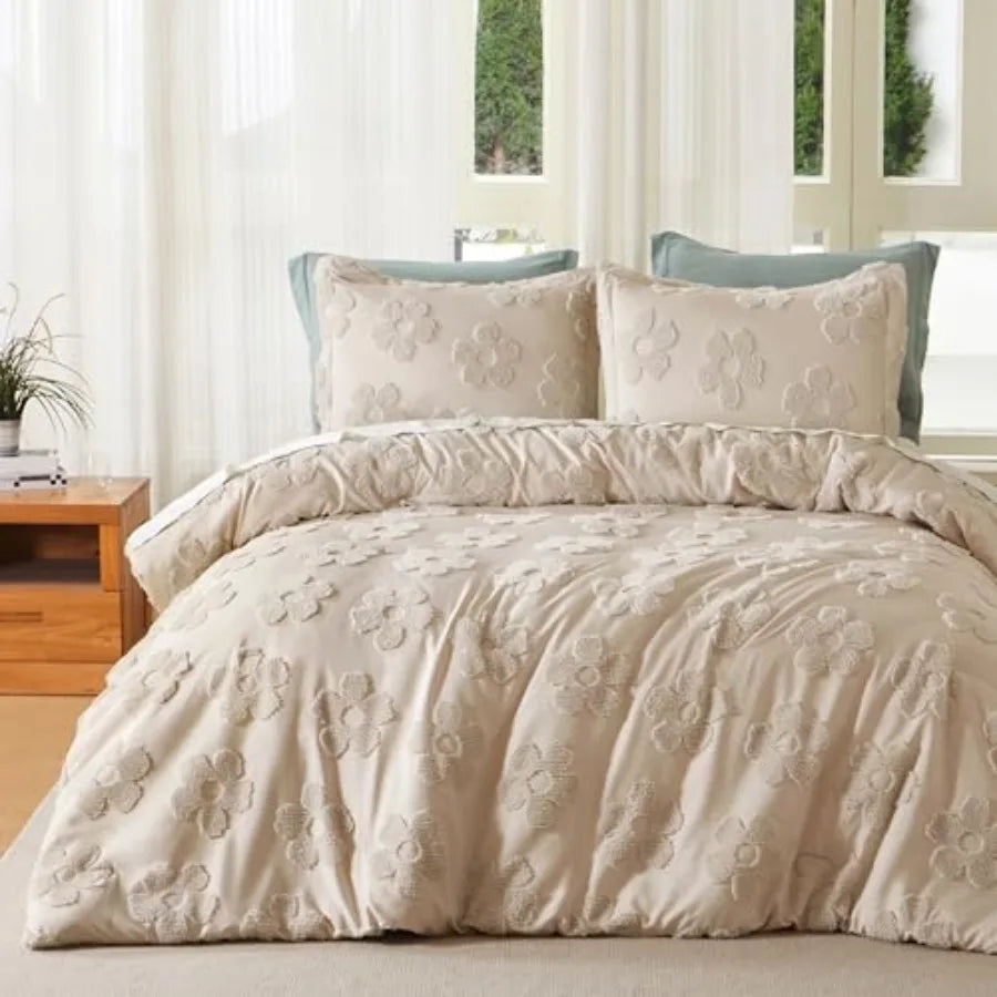 Tufted Comforter Set, 3 Pieces Beige Boho Bedding Set with 1 Boho Flower Comforter and 2 Pillow Shams, Bed in a Bag for All Sea