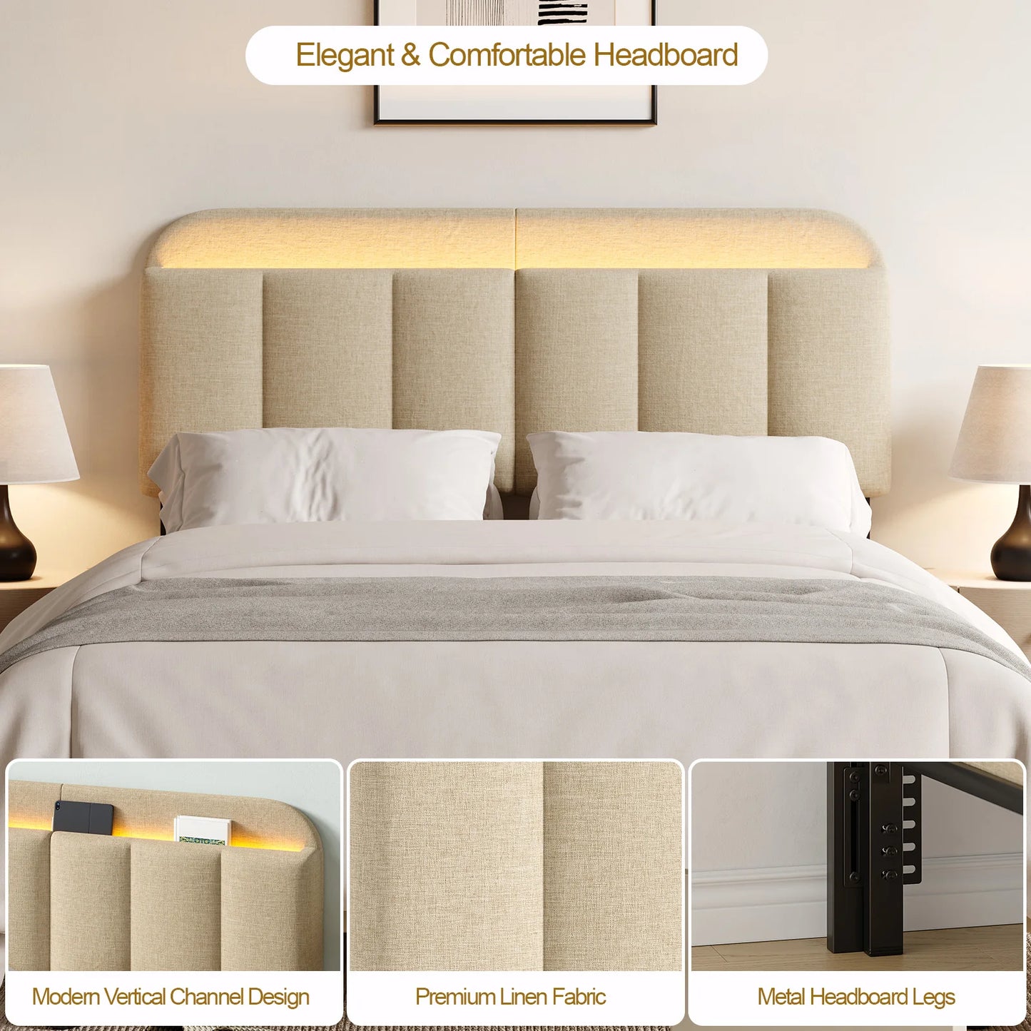 ONBRILL Adjustable Headboard Bed Frame Linen With RGB LED