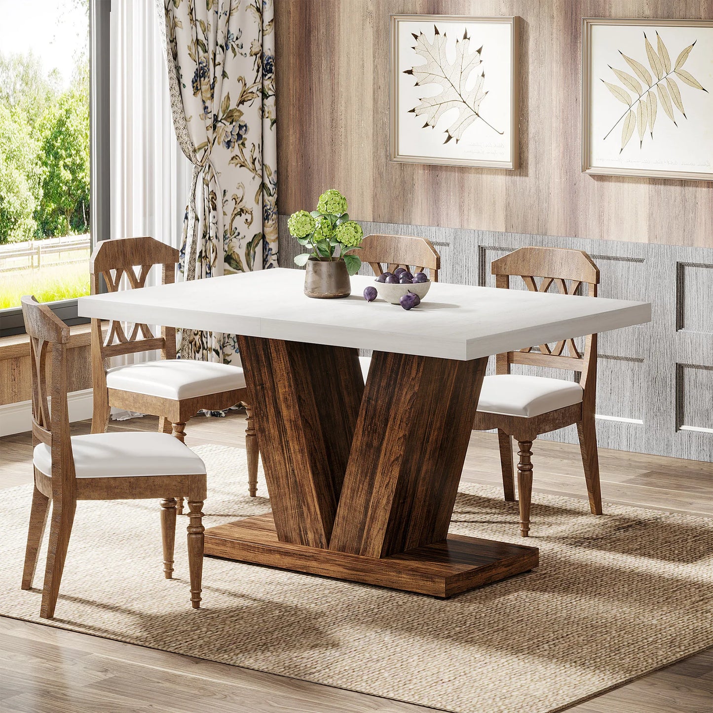 Tribesigns 47-Inch Dining Table for 4-6, White Kitchen Dinner Table with Heavy Duty Pedestal, Farmhouse Wooden Eating Table