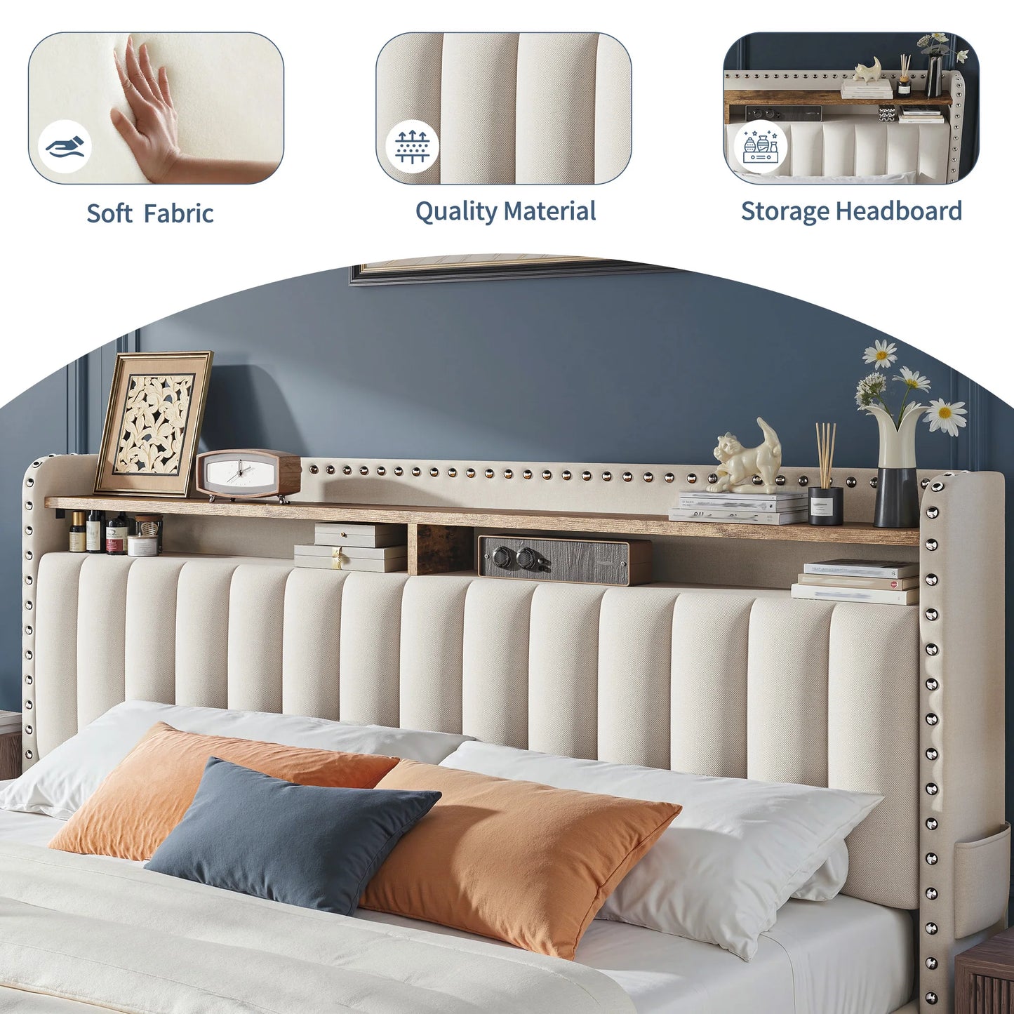 Upholstered Platform Bed Frame With Storage Headboard And Drawers