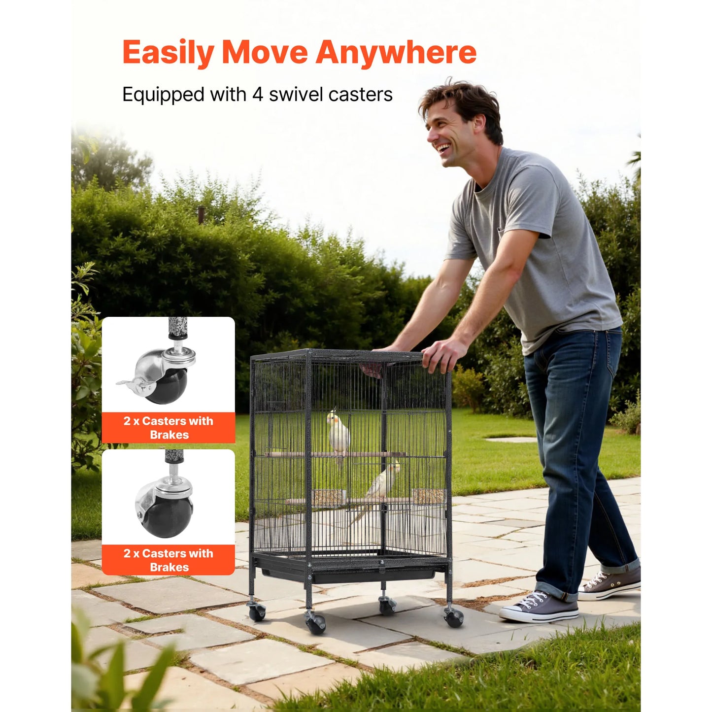 SucceBuy Bird Cage Open Flat Top Wrought Iron with Perches Slide-Out Tray and Plastic Feeders Casters for Diverse Bird Species