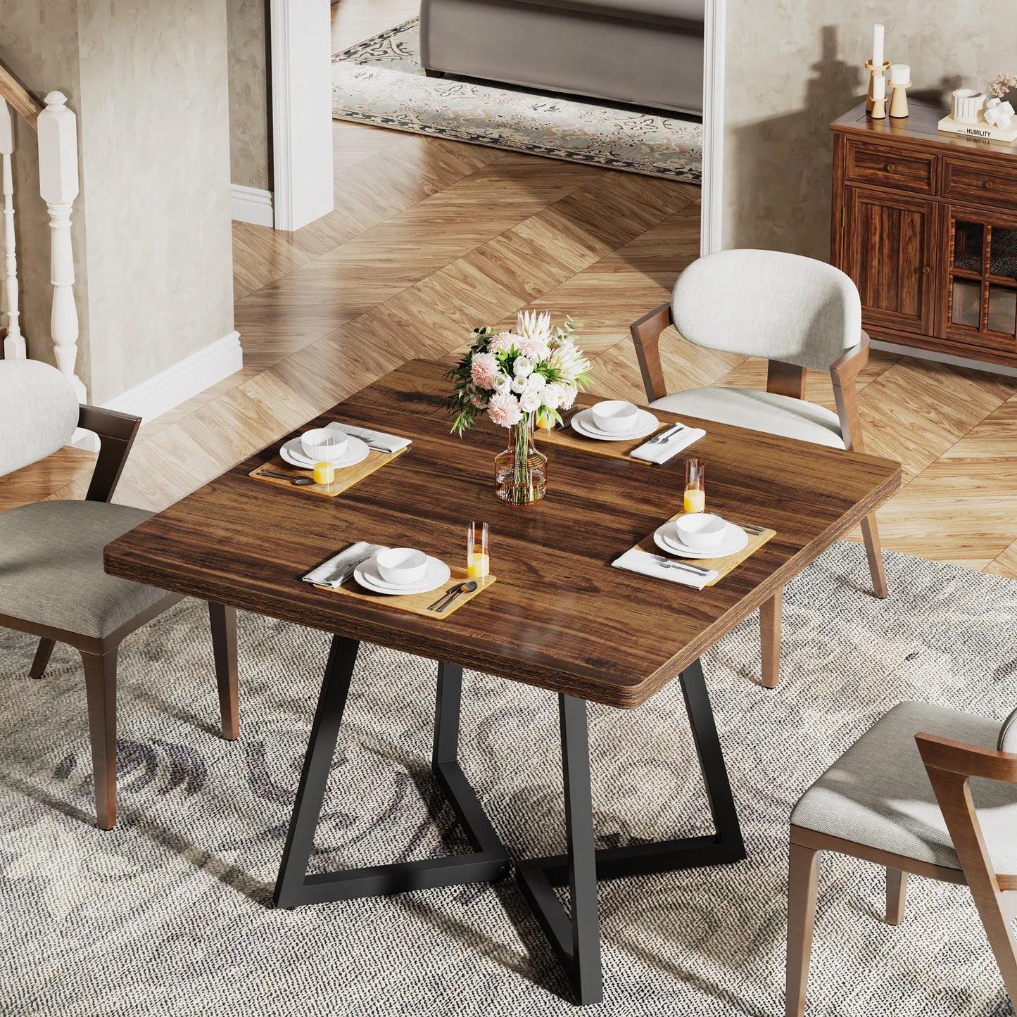 Tribesigns Square Dining Table With Industrial Metal Base