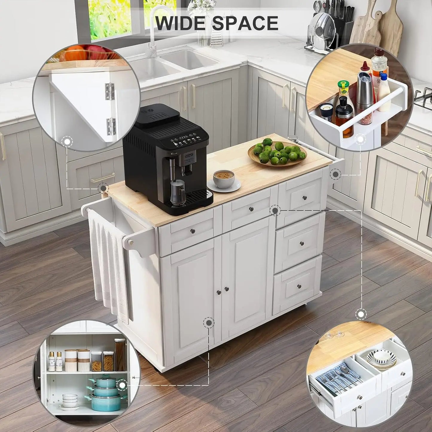 52" Mobile Kitchen Island with Drop Leaf, Rubberwood Top, Spice Rack, Adjustable Shelves, 5 Drawers, Rolling Cart, White, Custom