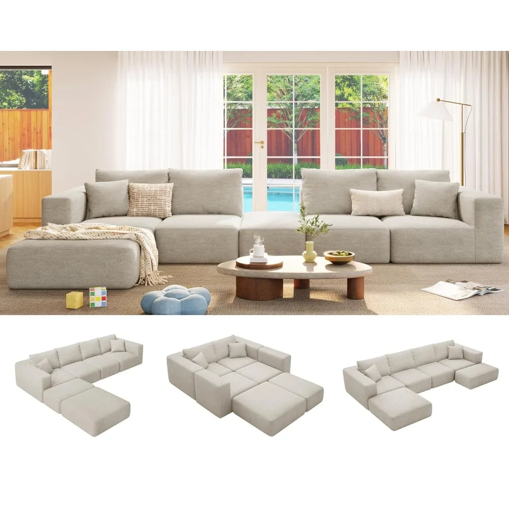 150" Modular Sectional Sofa, Extra Deep 6 Seater, Plush Comfy Cloud Couch, Flexible Layout, No Assembly, Chenille, Custom