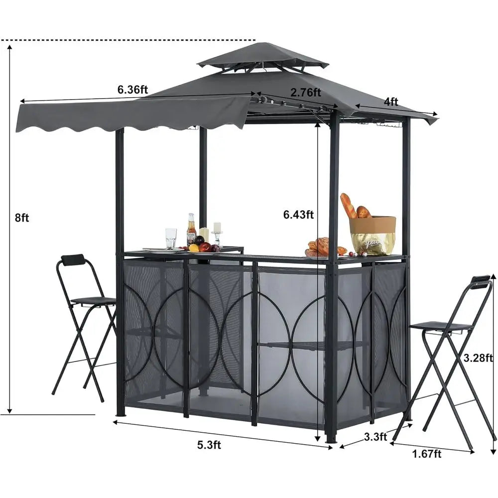 Grill Gazebo with Extra Awning - 6.4'x6.8' Outdoor BBQ with Bar Table and 2 oldable Chairs, Barbecue with LED Lights or Backyard