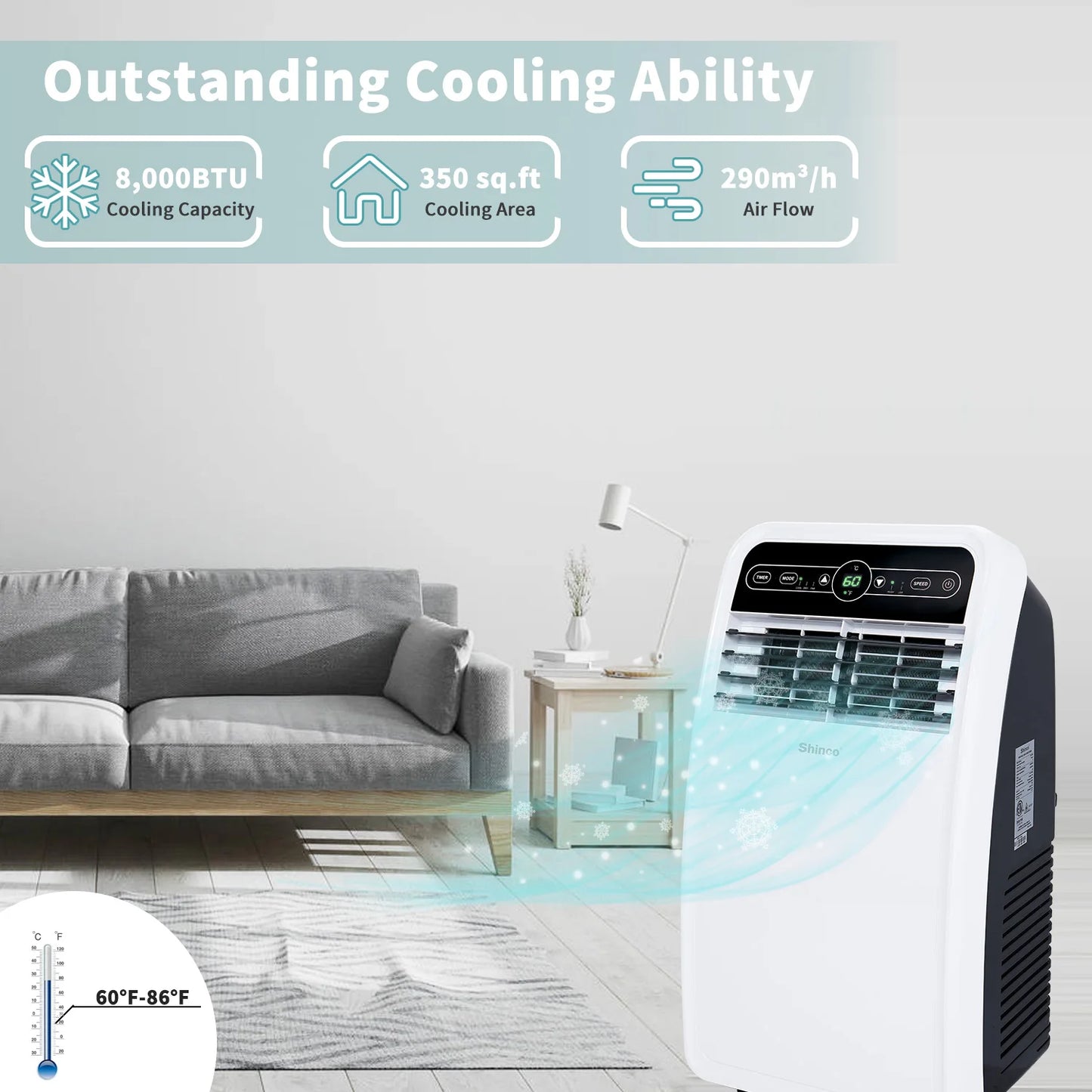Shinco 8000 BTU Portable Air Conditioner With Built In Dehumidifier