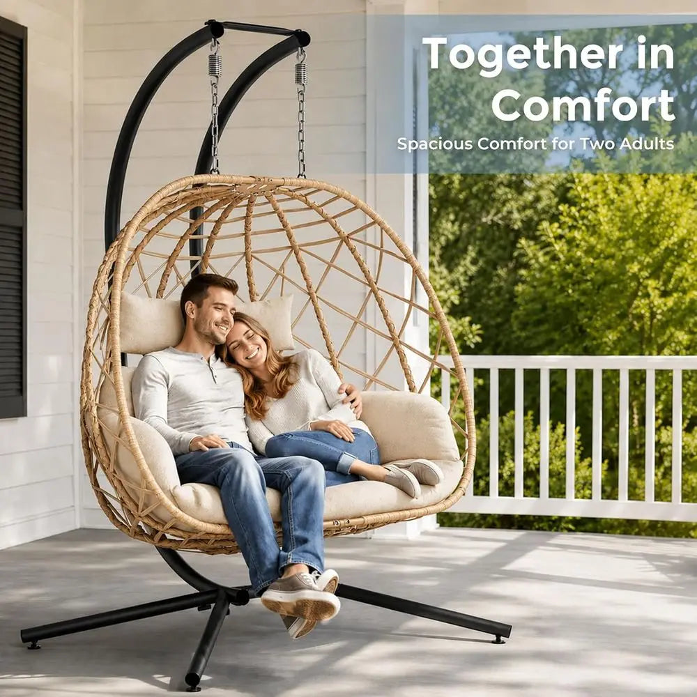 Double Egg Swing Chair with Stand, 2 Person Outdoor Indoor Hammock Hanging Chair with Cushion or Patio Living Room 650 LBS acity
