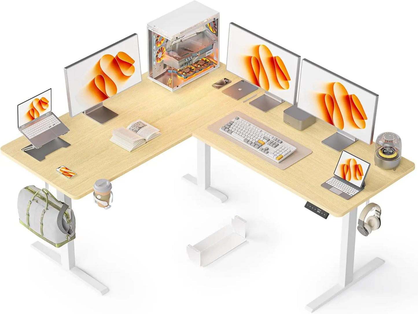 63X55 Inches Reversible L Shaped Standing Desk Height Adjustable with Cup Holder, Electric Corner Computer Desk, Sit Stand up