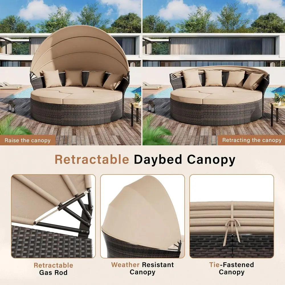 Round Patio Daybed with Retractable Canopy, Clamshell Wicker Sectional, Outdoor Wicker Furniture Daybed for Backyard, Poolside,