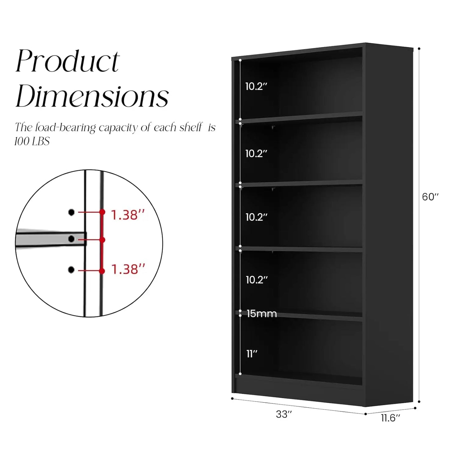 Engineered Wood Five Shelf Bookcase Featuring Adjustable Storage Organizer