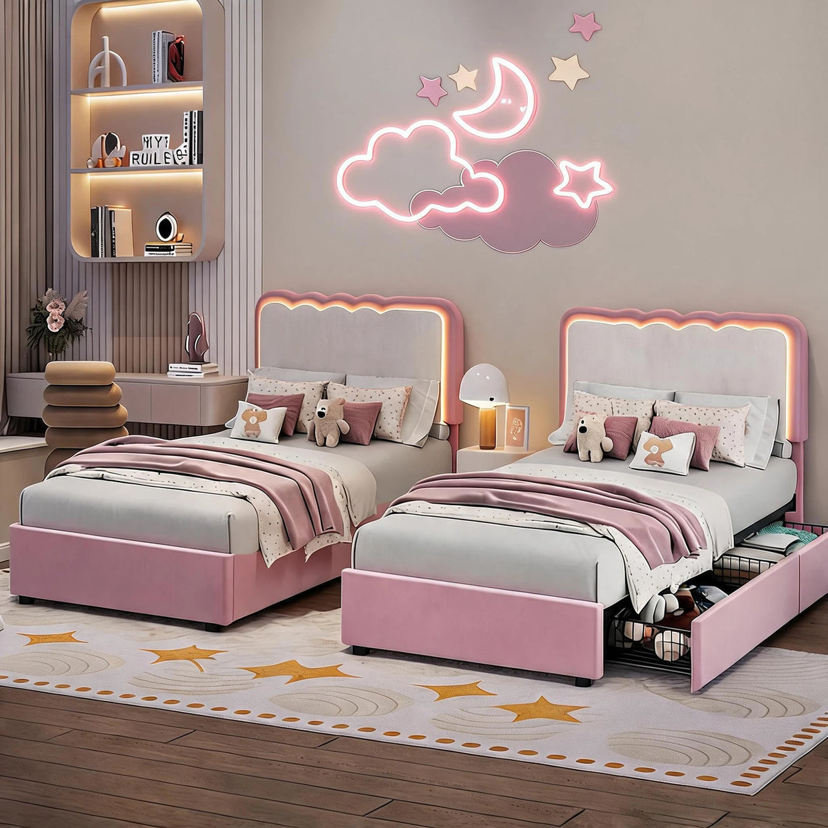 HiMiss Upholstered LED Bed Frame With Storage Drawers
