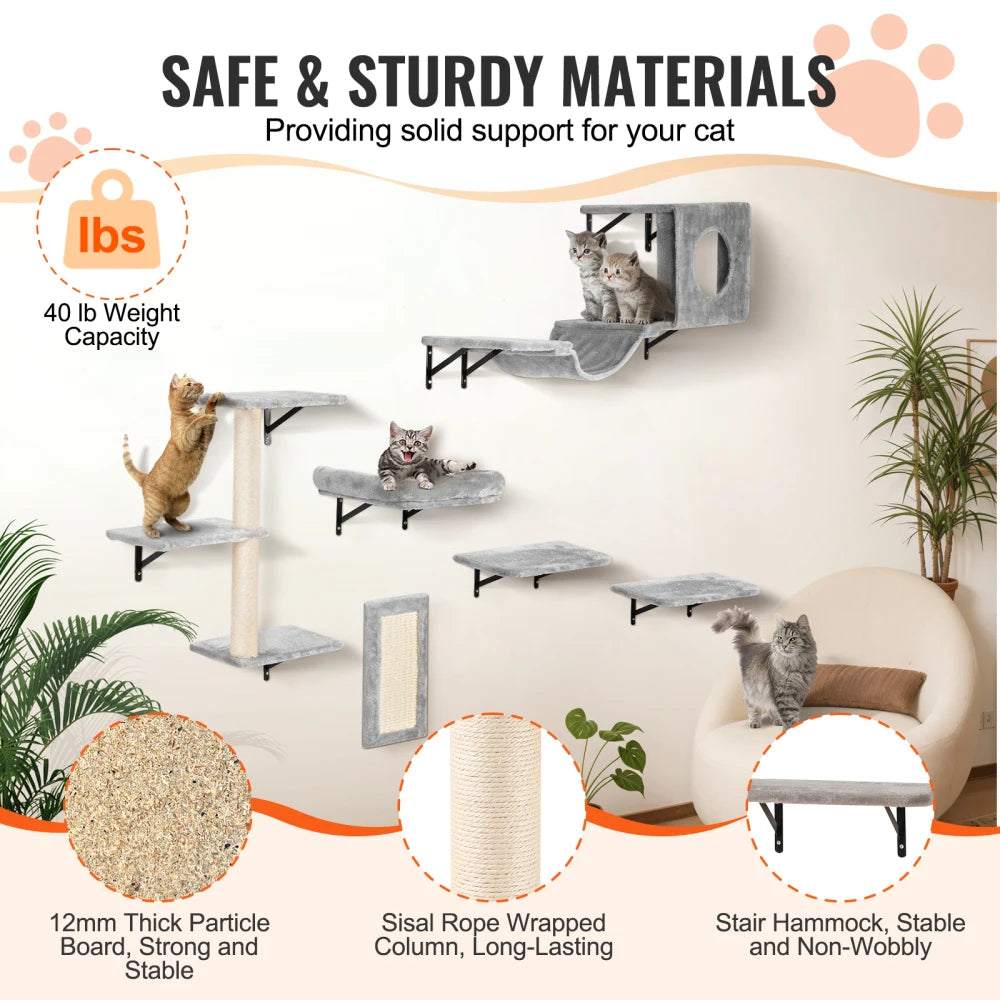 Wall Mounted Cat Shelves Set of 6, Cat Wall Furniture with 2 Jumping Boards, Hammock, Sofa, Cat Tree and Cat Grip, Cat Climbing Shelves and Perches for Sleeping, Playing and Scratching, Supports Cats up to 40 lbs