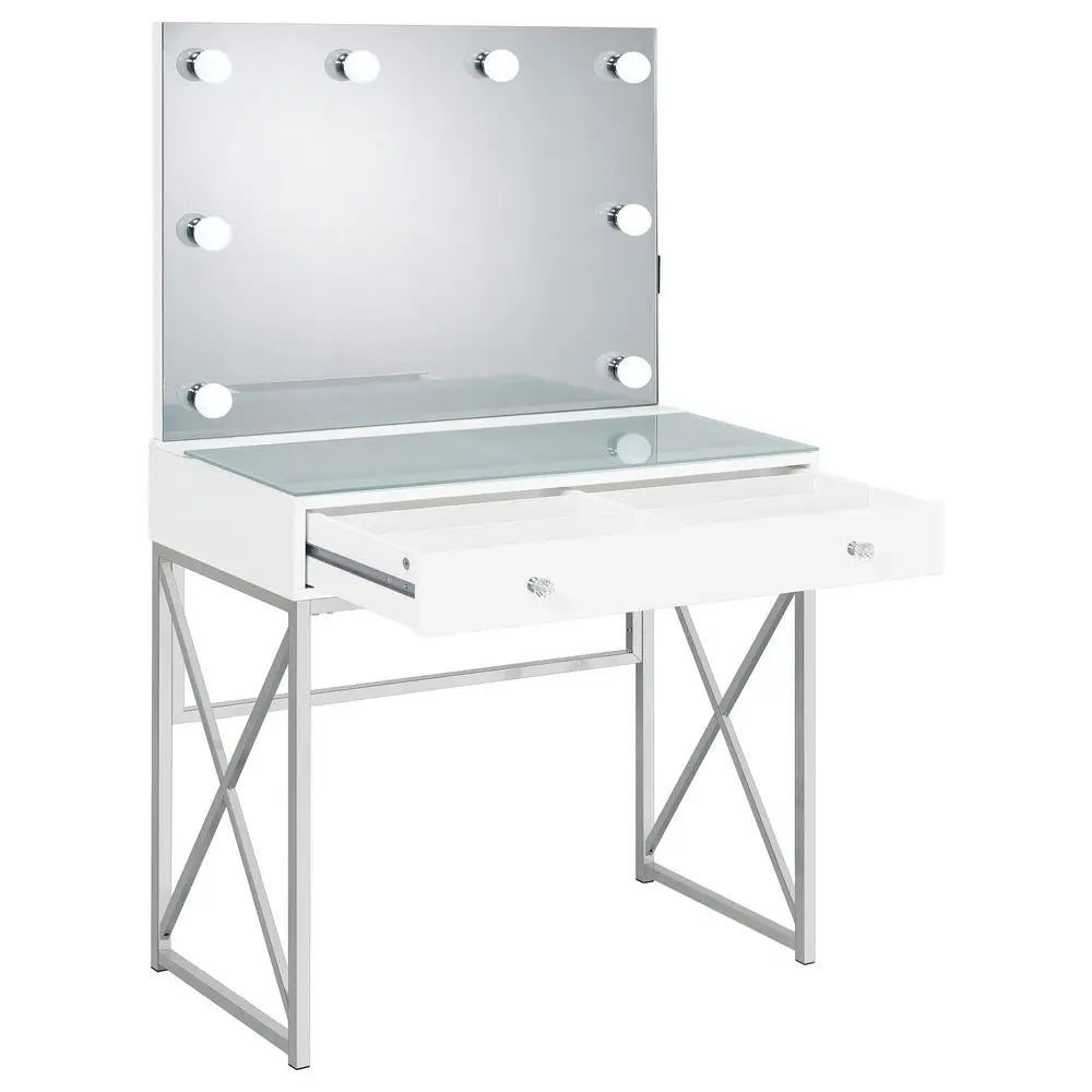 Home Furnishings Eliza Contemporary 3Piece 1Drawer Makeup Vanity Desk for Bedroom with Hollywood Vanity Mirror with White Faux