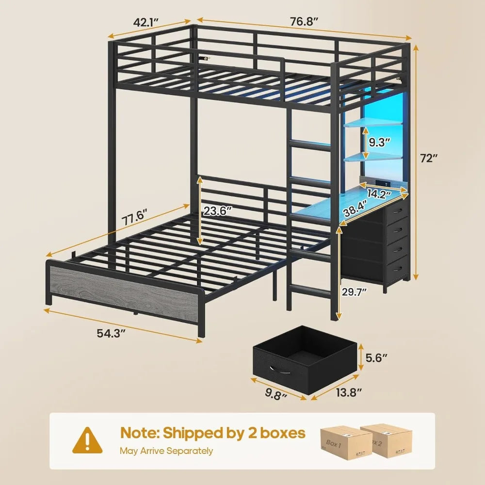 Twin Over Full Bunk Bed with Desk, Bunk Beds Twin Over Full Size with Charging Station & Led Lights, Storage, Customized