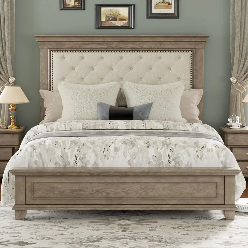 Solid Pine Wood Queen Bed Frame with 69 High Upholstered Headboard, Transitional Style Platform Bed, No Box Spring Needed amp E