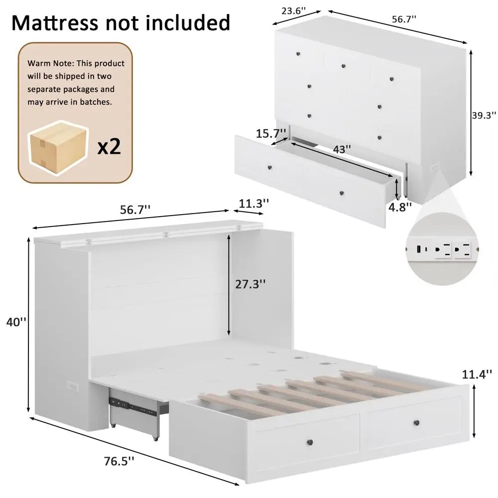 Full Size Murphy Bed with Charging Station amp Drawer, Full Size Mobile Cabinet Bed Frame, Murphy Chest Bed for Bedroom, Guest