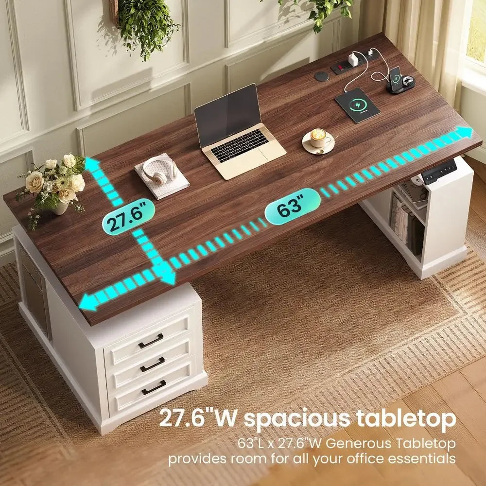 Farmhouse Electric Standing Desk, 63 Height Adjustable Computer Desk with 3 Drawers, Storage Shelves, Power Outlets, Wood Home