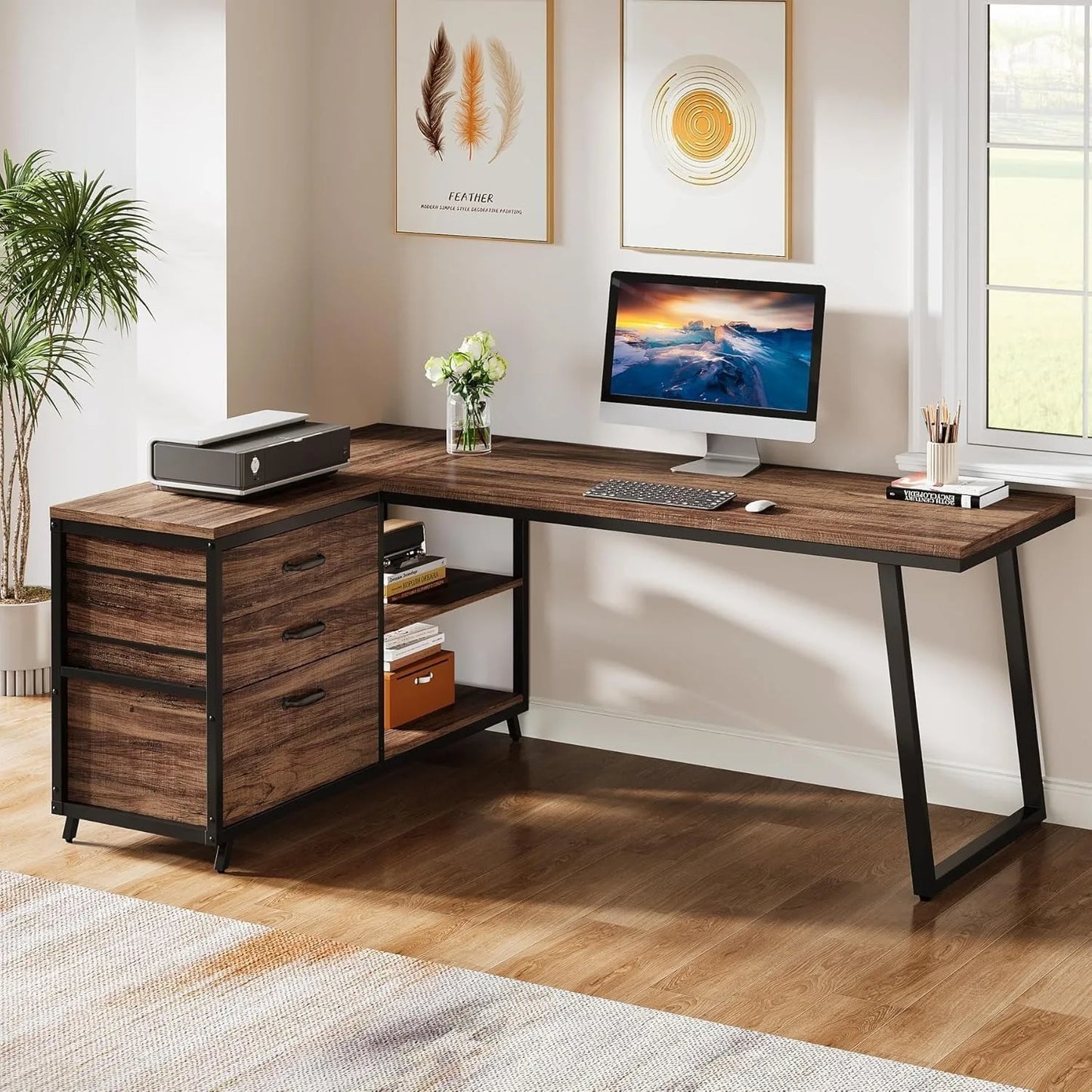 Little Tree L Shaped Office Desk With 3 File Drawers And 2 Storage Shelves