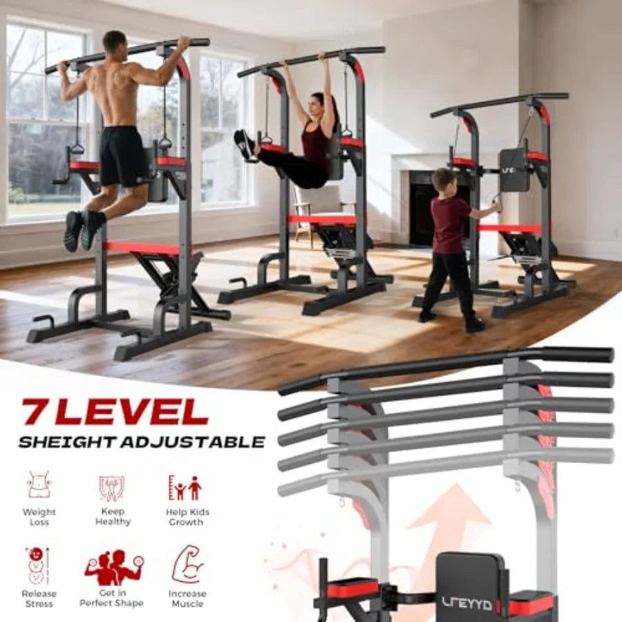 Home gym power tower dip station with H-frame, steel construction, black finish, adjustable height, multi-grip handles, backres
