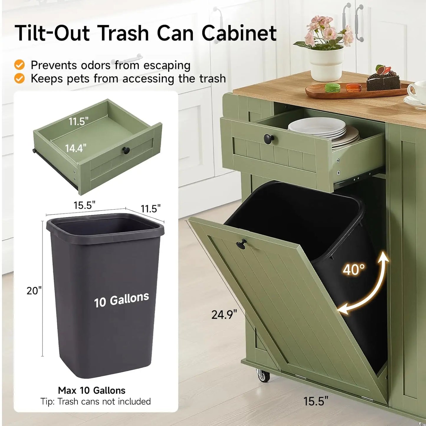 35" Kitchen Island with Trash Cabinet & Power Outlet, Rolling Cart with Drawer, 6-Tier Spice Rack, Portable Sideboard for Dining